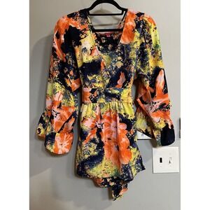 Betsy Johnson Top Abstract Floral Ruffle‎ Sleeve Boho Tunic Blouse Womens XL